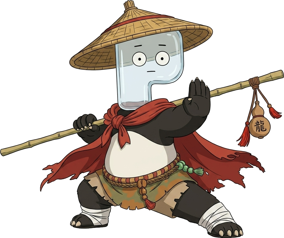 Kung Fu Ponda, a panda warrior with a glass letter-P head, straw hat and red cape